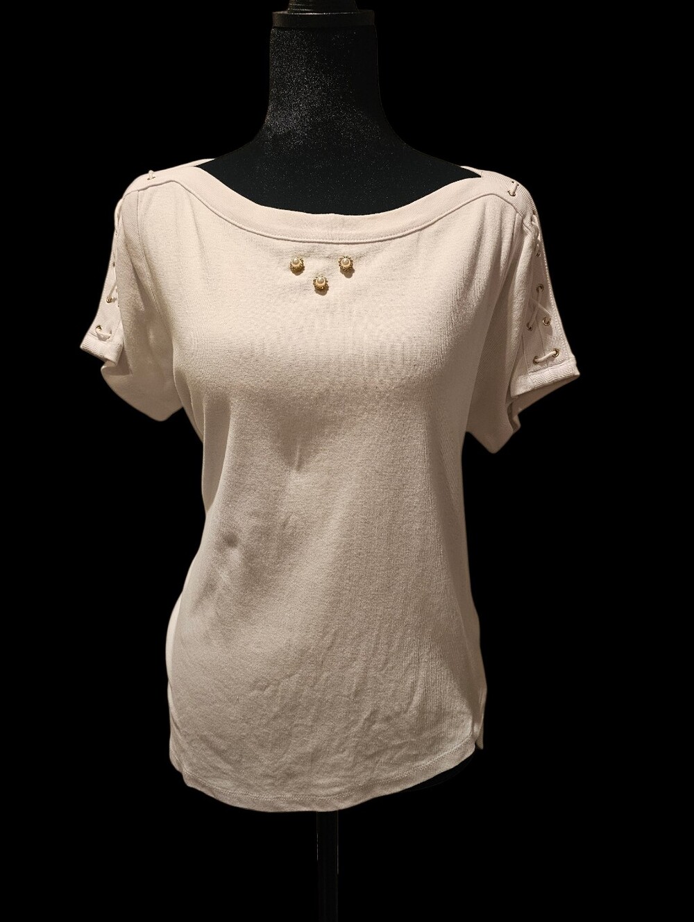 Rafaella White Short-Sleeve Boatneck Top with Gold Accents And Embellishments